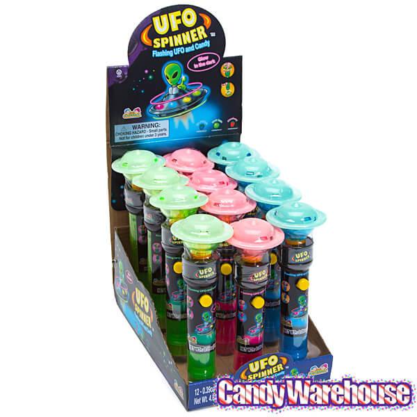 UFO Spinner Flashing Alien Flying Saucers with Candy: 12-Piece Display