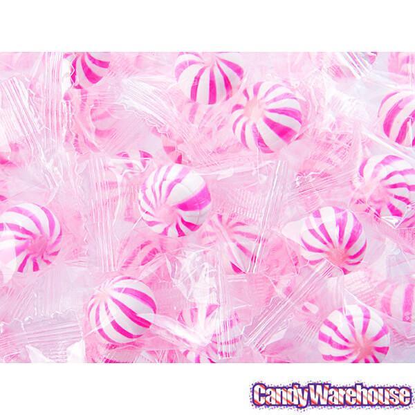 YumJunkie Sassy Spheres Strawberry Pink Striped Candy Balls - Petite: 5LB Bag - Candy Warehouse